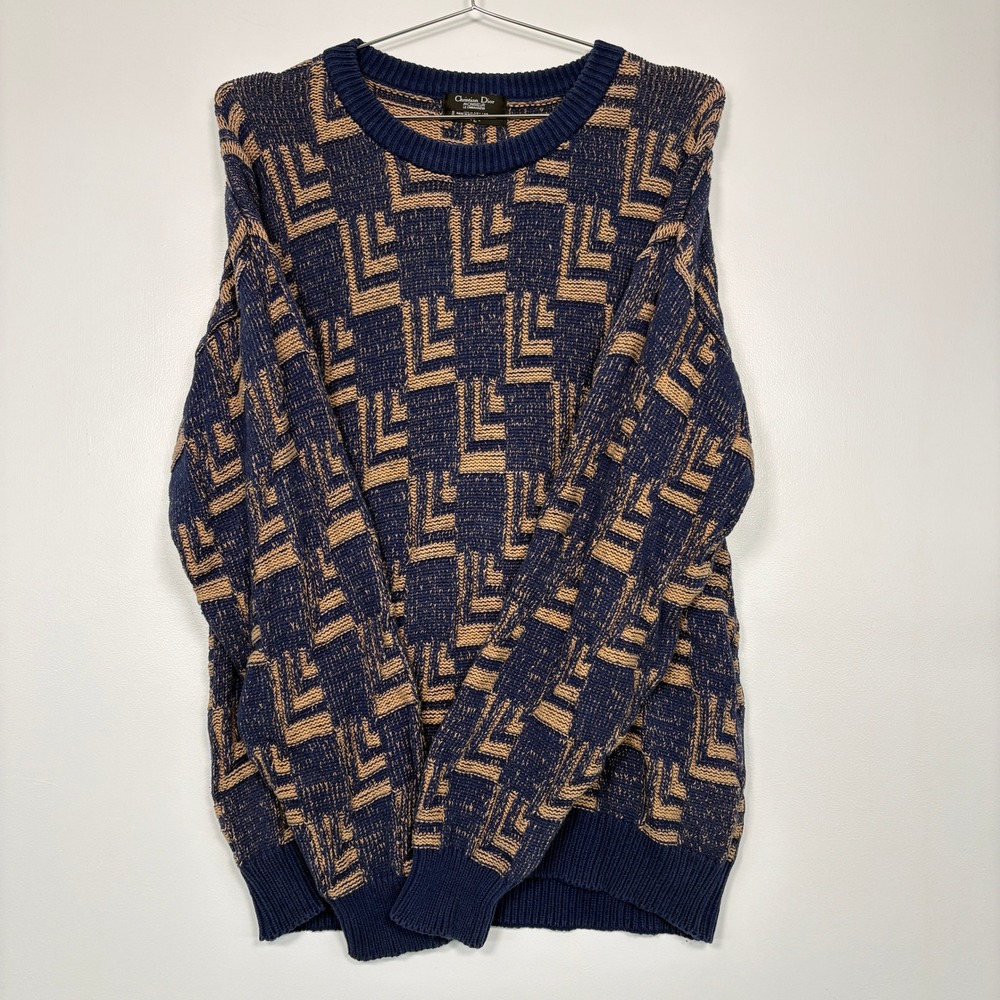 Christian Dior Mens Sweater Sz L Blue Tan Geometric Cotton Intarsia Knit Vintage - Picture 4 of 11
